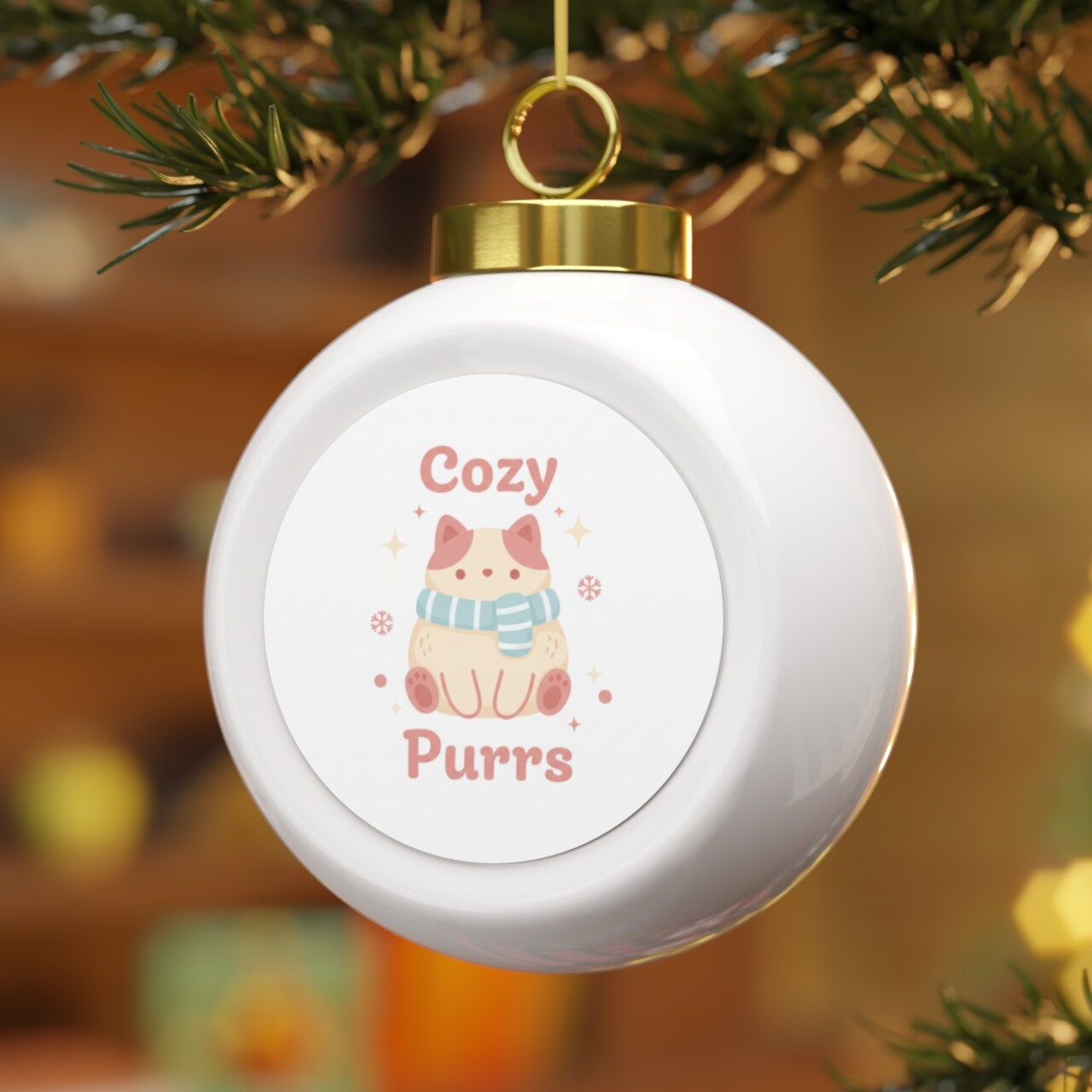 Ceramic Christmas Ball Ornament - Cozy Purrs Cat Design - Bells / Round / 2.5" × 3"